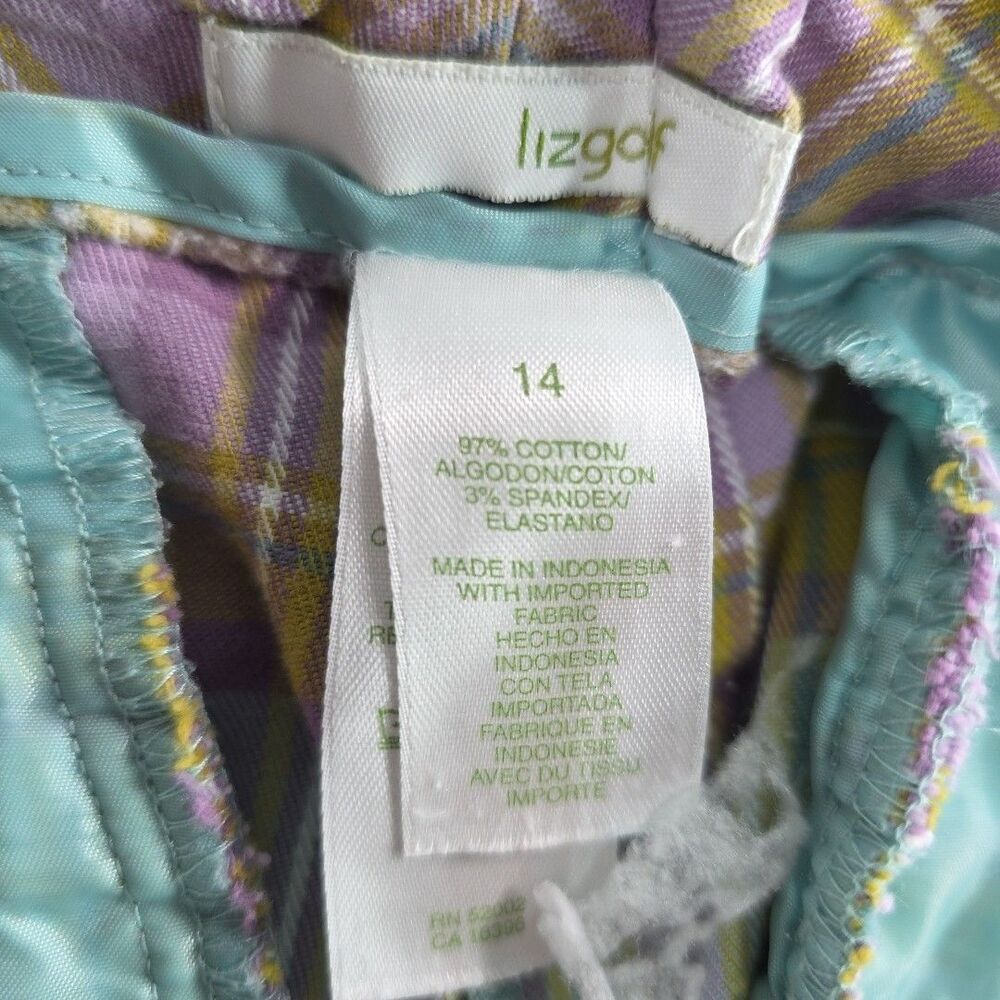 Liz Golf Audra Capris Pants Women's Size 14 Lavender Plaid Snap Pocket Stretch - Picture 8 of 8